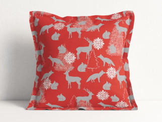 Poszewka na poduszkę z ozdobną kantą dekoracyjna świąteczna Loneta - zwierzęta leśne na czerwonym