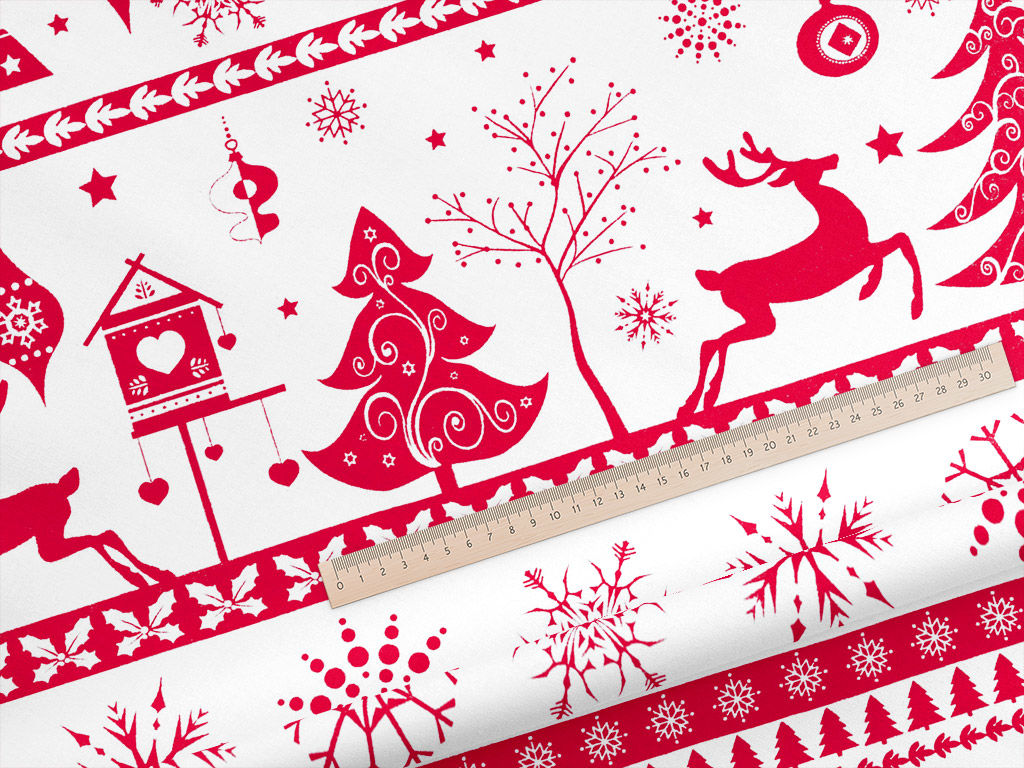 Płótno bawełniane - czerwone symbole świąteczne na białym