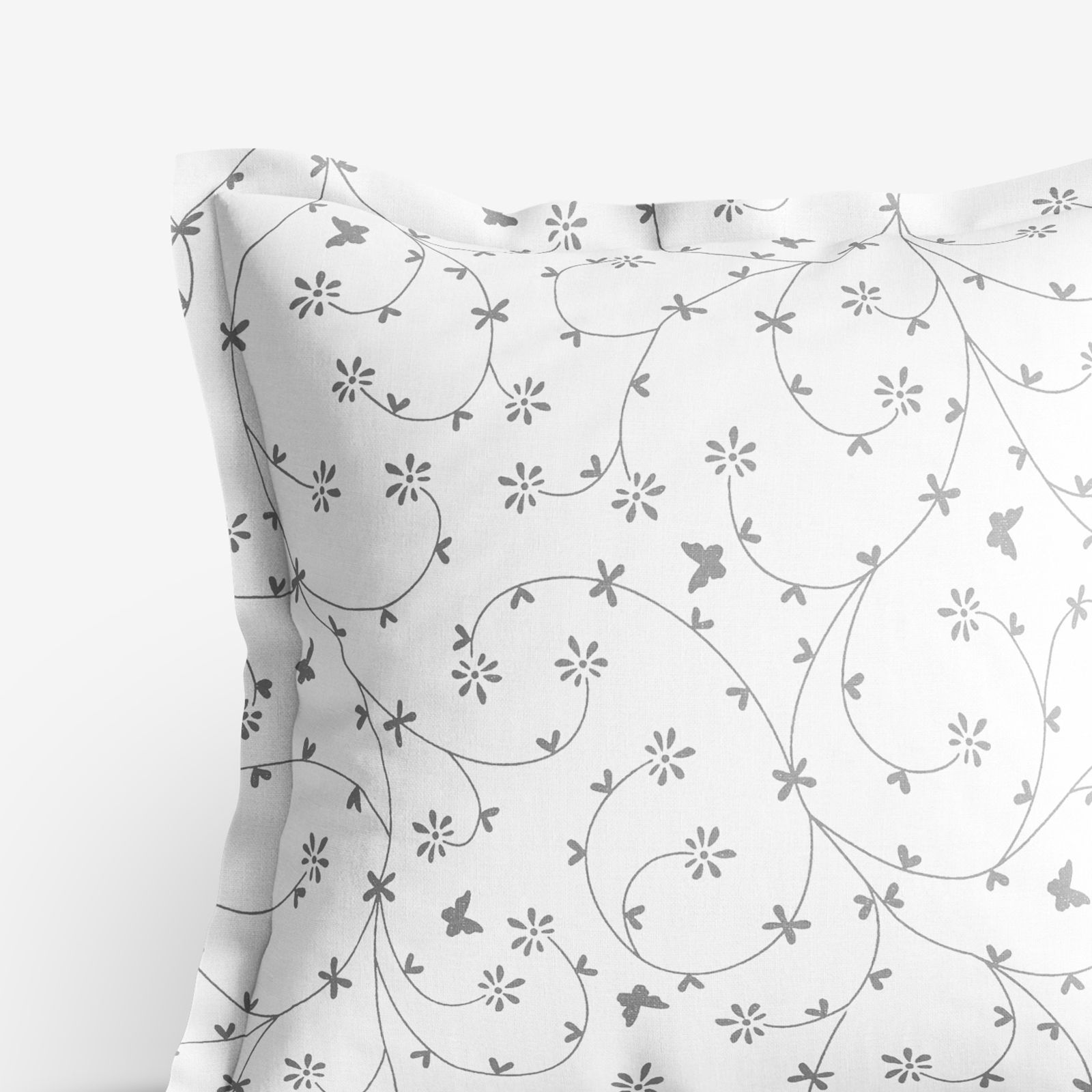 Poszewka na poduszkę z ozdobną kantą bawełniana - szare kwiatki i motylki na białym