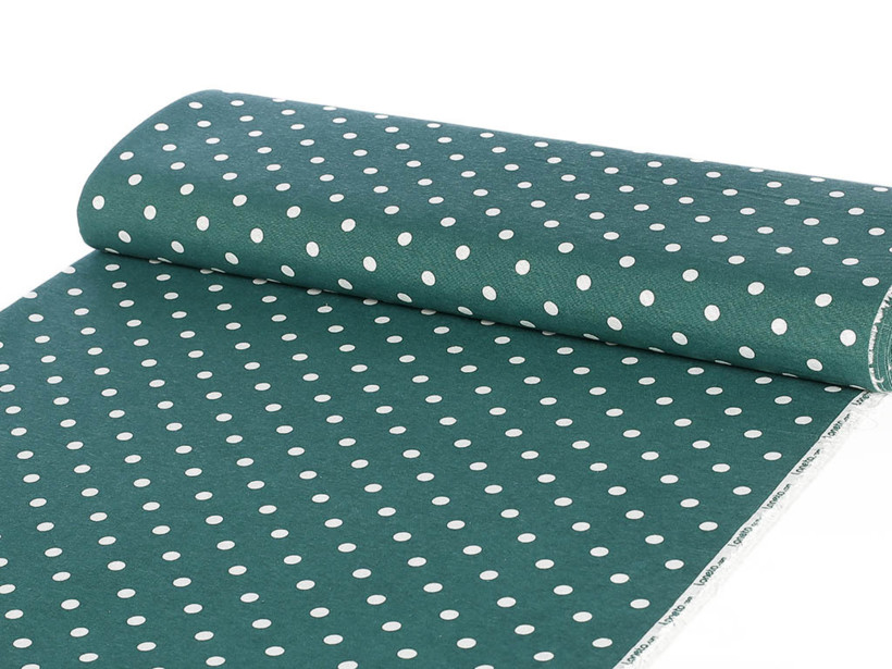 Tkanina dekoracyjna Loneta - białe kropki na ciemnym zielonym