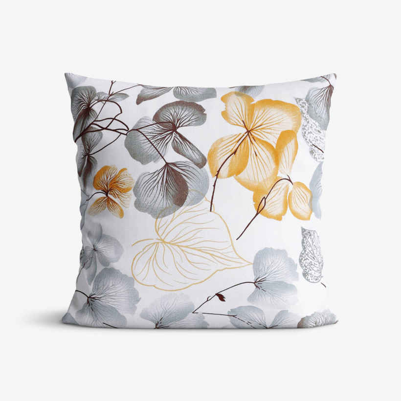 Poszewka na poduszkę bawełniana - szare i brązowe kwiaty z liśćmi