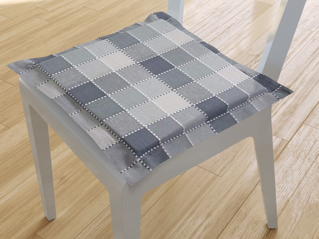 Kwadratowa poduszka na krzesło z ozdobną kantą 38x38 cm Kanafas - duża kratka szare odcienie