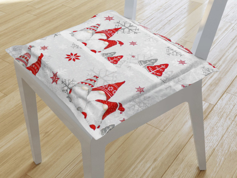 Kwadratowa poduszka na krzesło z ozdobną kantą 38x38 cm świąteczna - skrzaty na jasnoszarym