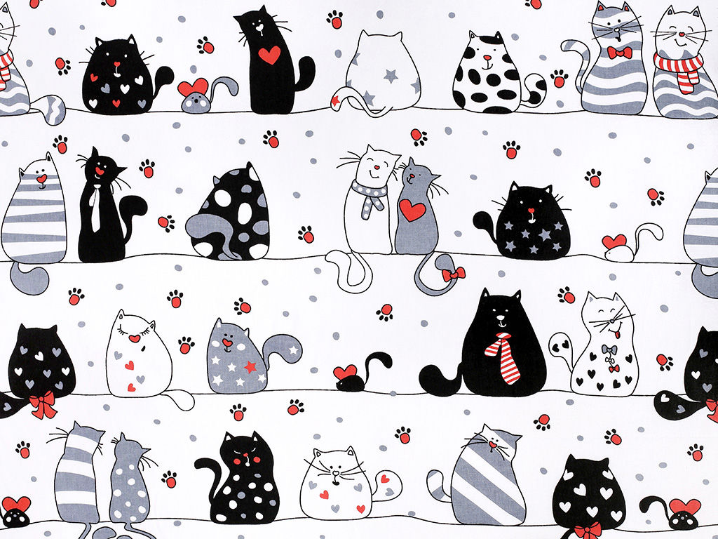 Płótno bawełniane - komiczne koty na białym