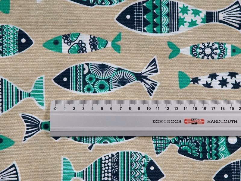 Tkanina dekoracyjna Loneta - rybki na naturalnym