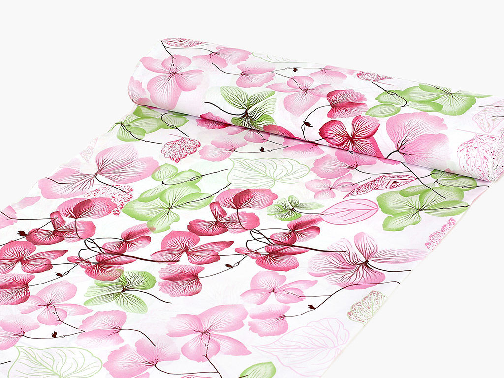 Płótno bawełniane - różowe i zielone kwiaty z liśćmi