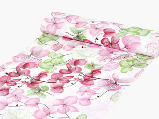 Płótno bawełniane Simona - różowe i zielone kwiaty z liśćmi - szer. 150cm
