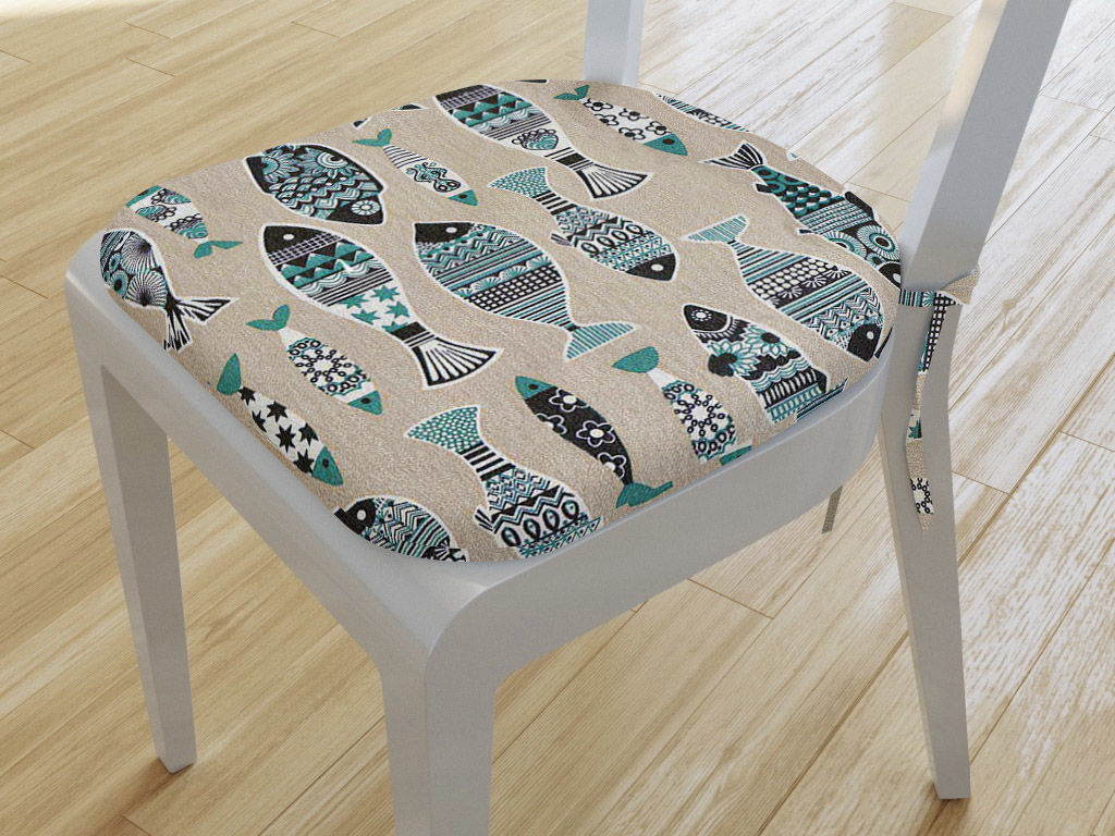 Zaokrąglona poduszka na krzesło 39x37 cm Loneta - rybki na naturalnym