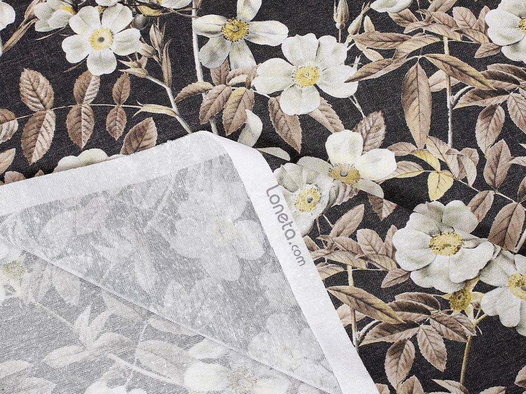 Tkanina dekoracyjna Loneta - kwiaty na czarnym