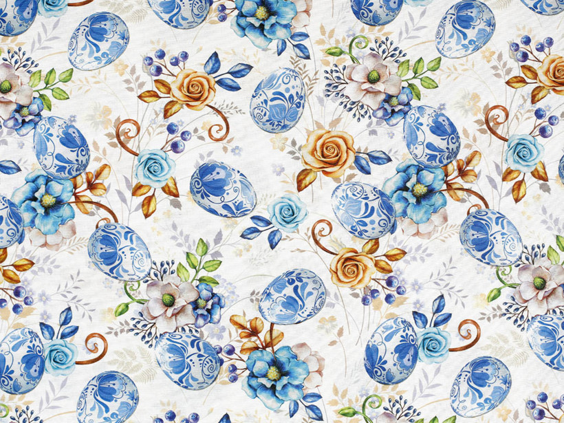 Tkanina dekoracyjna wielkanocna Loneta - malowane niebieskie pisanki