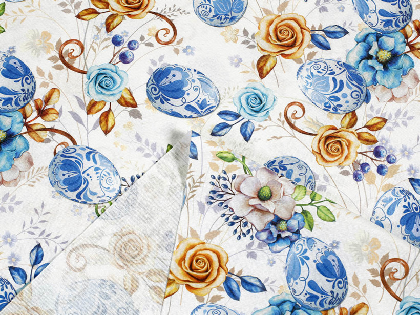 Tkanina dekoracyjna wielkanocna Loneta - malowane niebieskie pisanki