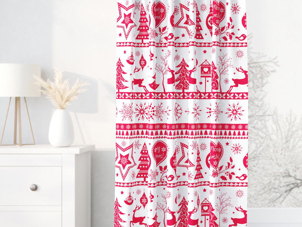 Zasłona bawełniana świąteczna na taśmie - czerwone symbole świąteczne na białym