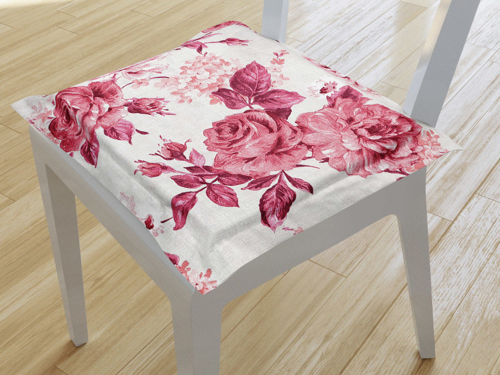 Kwadratowa poduszka na krzesło z ozdobną kantą 38x38 cm Loneta - duże czerwone róże