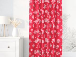 Zasłona bawełniana świąteczna na taśmie - płatki śniegu na jaskrawej czerwieni