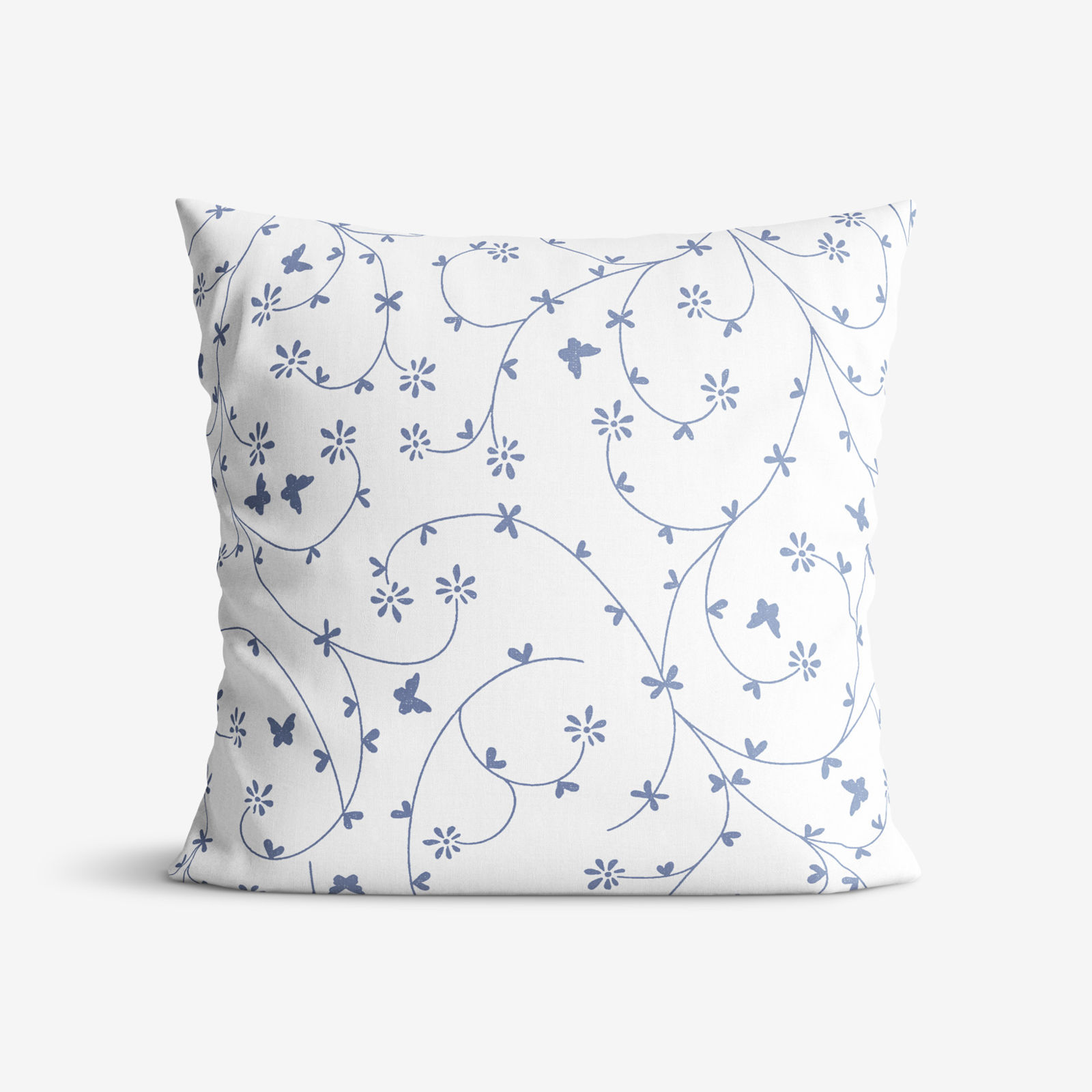 Poszewka na poduszkę bawełniana - niebieskoszare kwiatki i motyle na białym