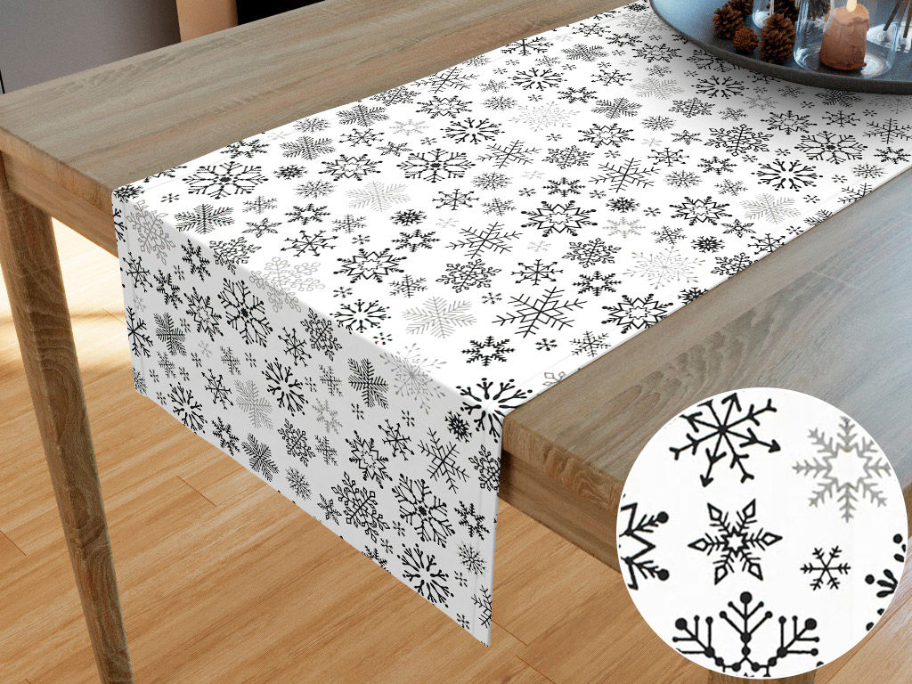 Bieżnik na stół bawełniany świąteczny - czarne płatki śniegu na białym