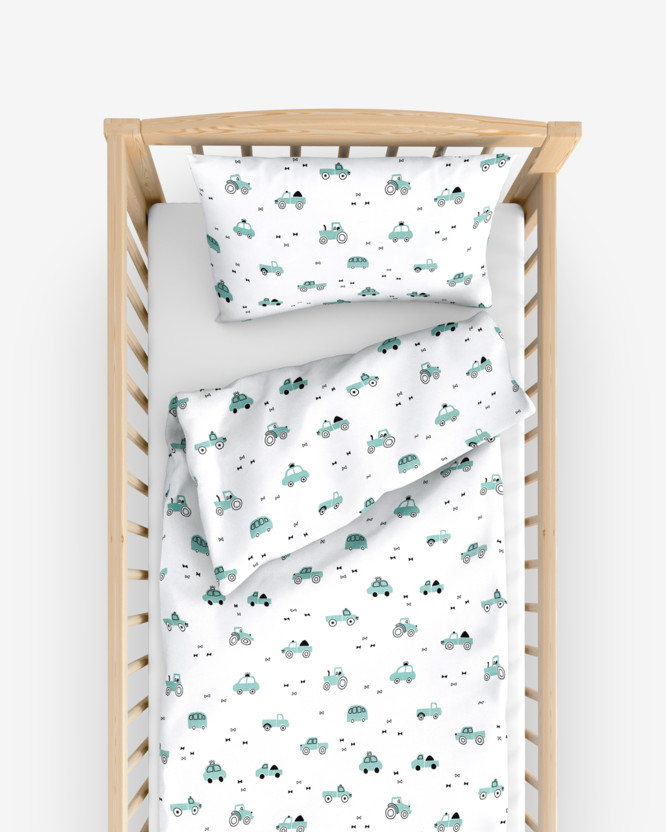 Pościel bawełniana do łóżeczka - szałwiowo-zielone pojazdy na białym