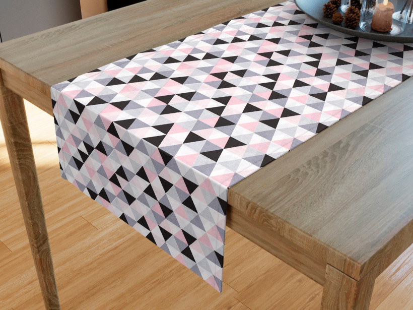 Bieżnik na stół bawełniany - różowo-szare trójkąty