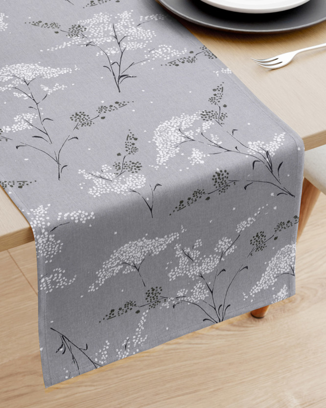 Bieżnik na stół z płótna bawełnianego - kwiaty japońskie na szarym