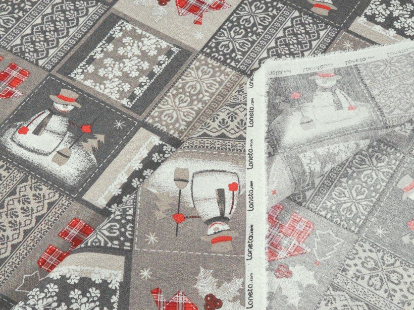 Tkanina dekoracyjna świąteczna Loneta - bałwany na szarym