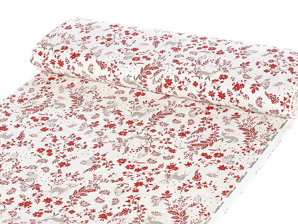 Tkanina dekoracyjna Loneta - czerwone polne kwiaty ze zwierzętami