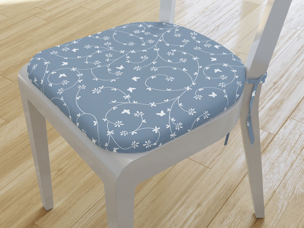 Zaokrąglona poduszka na krzesło 39x37 cm - kwiatki i motylki na niebiesko-szarym