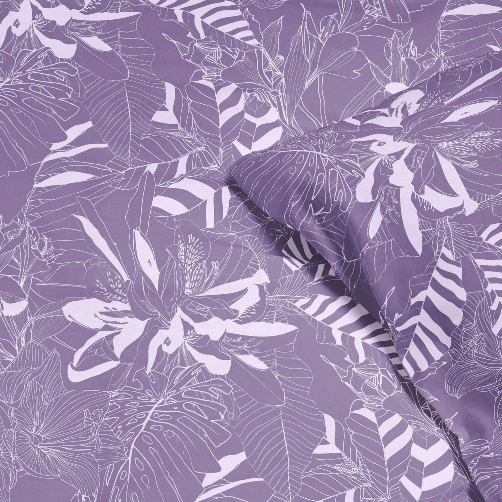 Pościel satyna bawełniana Deluxe - białe rośliny na fioletowym