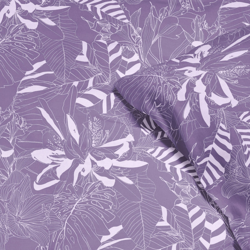Pościel satyna bawełniana Deluxe - białe rośliny na fioletowym