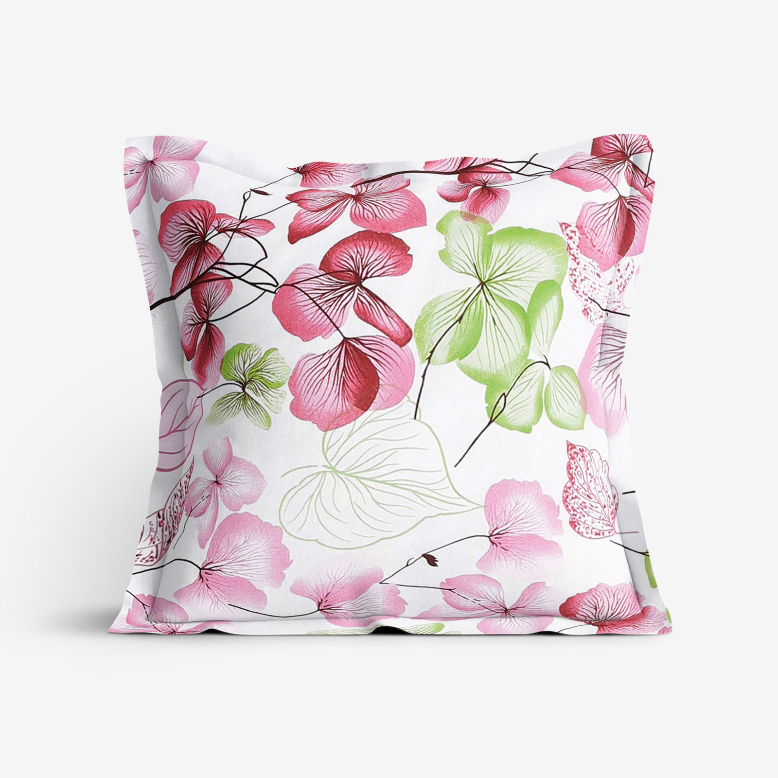Poszewka na poduszkę z ozdobną kantą bawełniana - różowe i zielone kwiaty z liśćmi