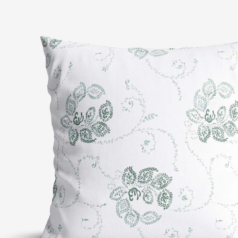 Poszewka na poduszkę bawełniana - ciemnozielone ornamenty kwiatowe na białym