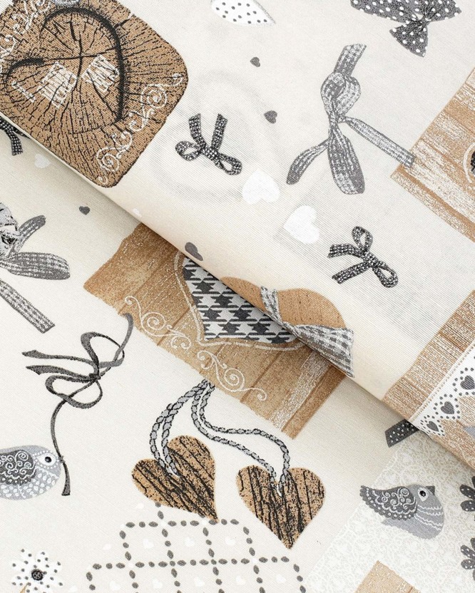 Tkanina dekoracyjna Loneta świąteczna - szare serca patchwork