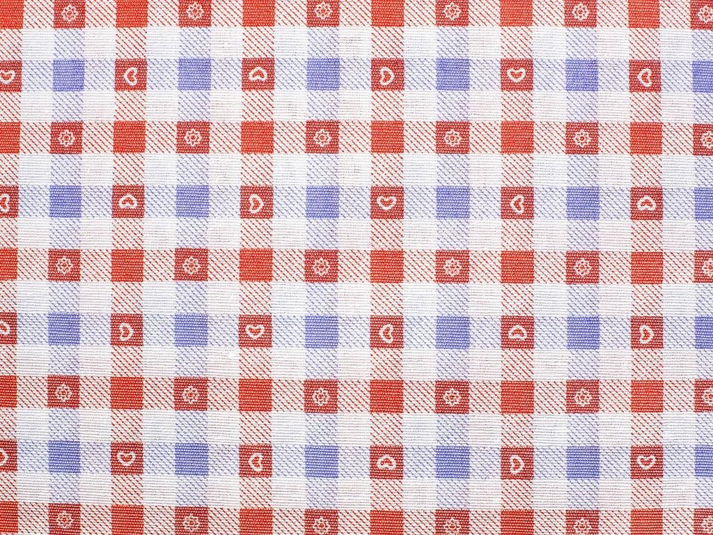 Tkanina dekoracyjna Loneta - czerwona i niebieska kratka z serduszkami