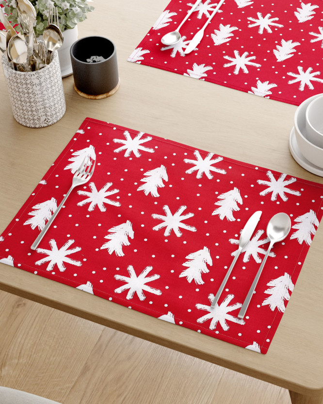 Podkładka na stół świąteczna z płótna bawełnianego - śnieżynki i choinki na czerwonym - 2szt.