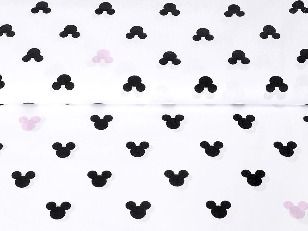 Płótno bawełniane - czarno-różowe myszki Miki