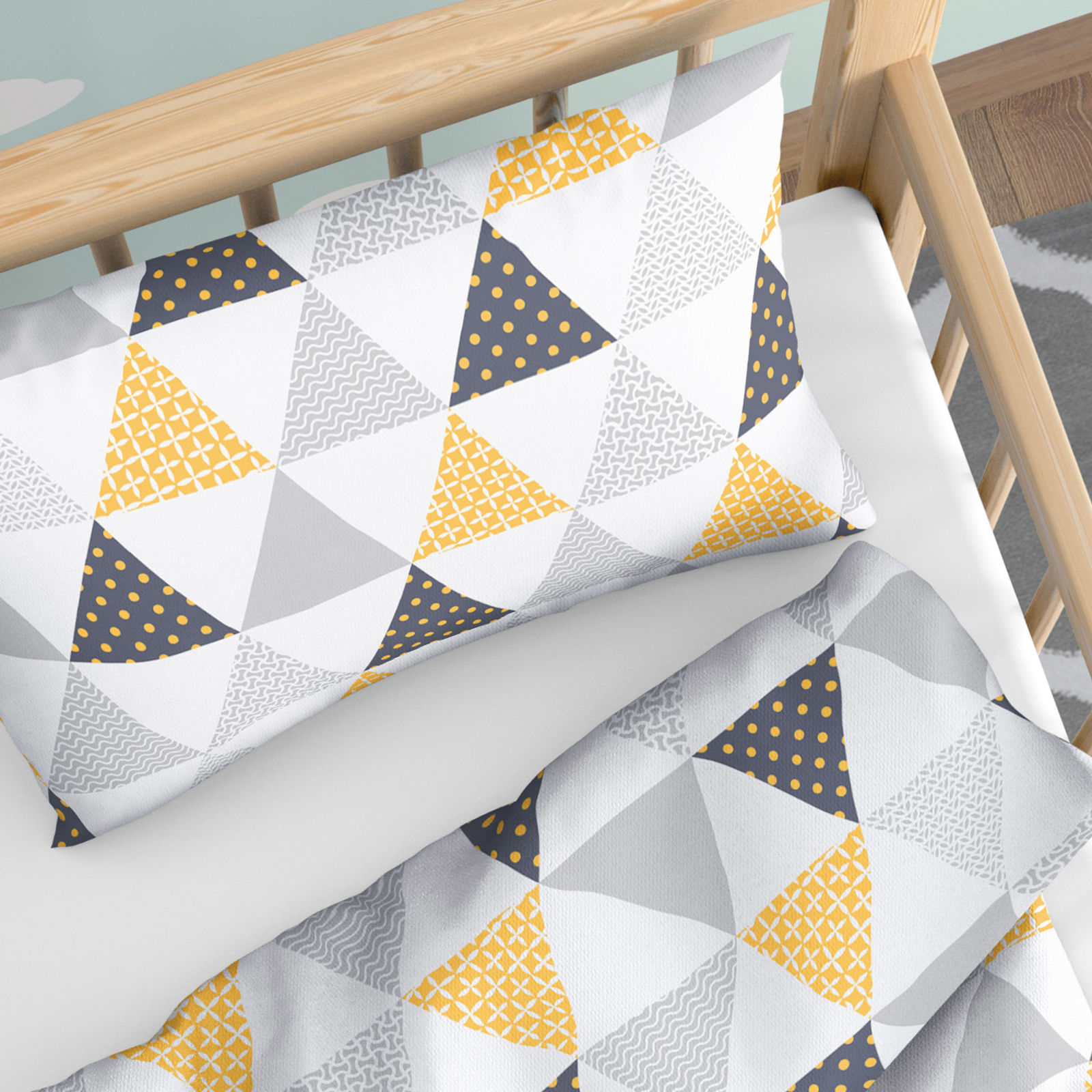 Pościel bawełniana do łóżeczka - pomarańczowe i szare trójkąty