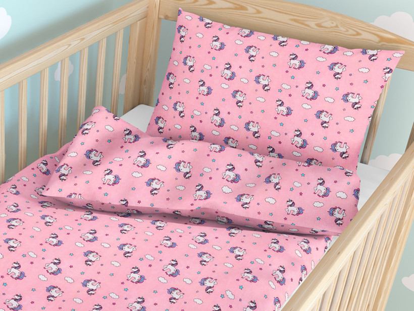 Pościel bawełniana do łóżeczka - jednorożce na różowym