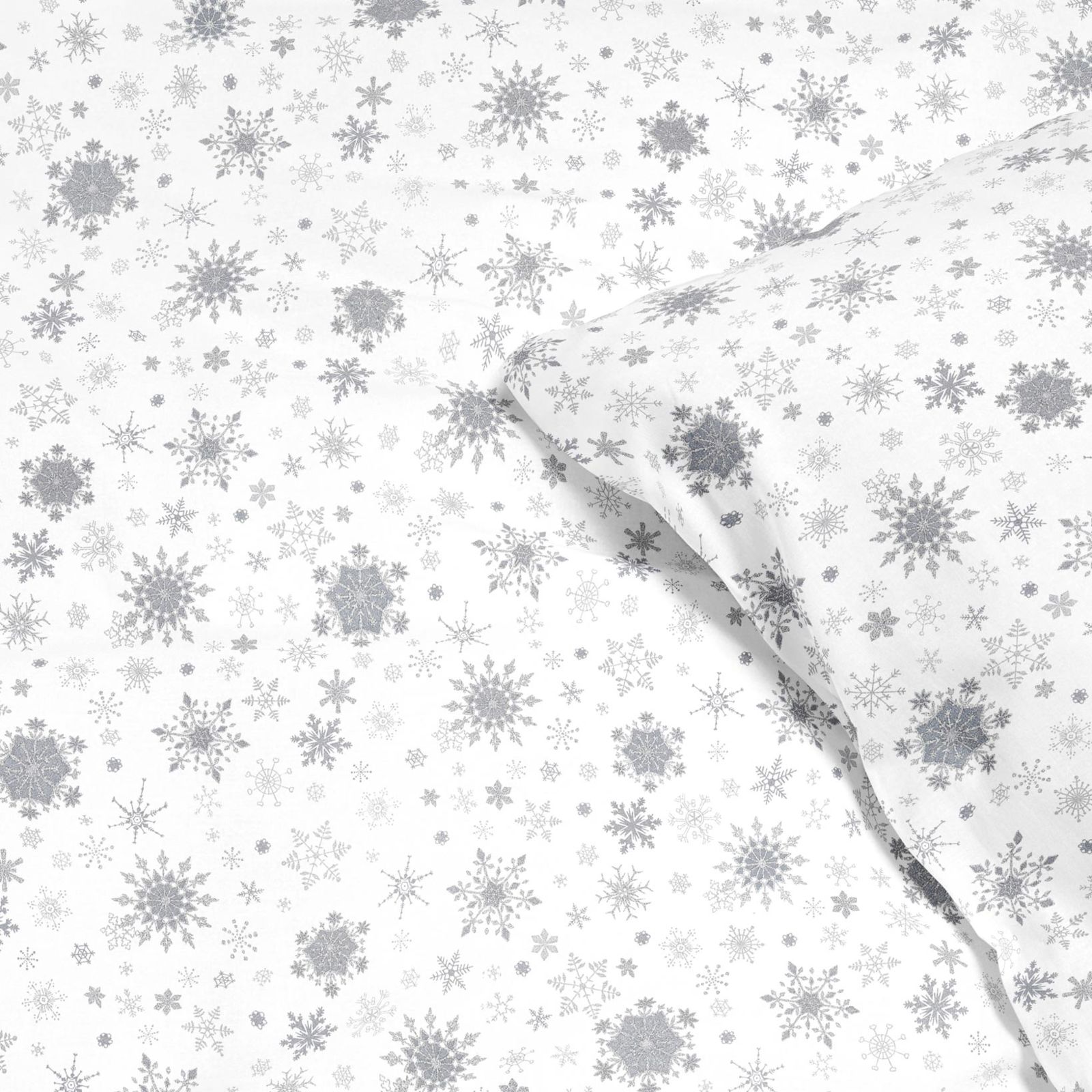 Pościel bawełniana - srebrne śnieżynki na białym