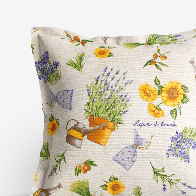 Poszewka na poduszkę z ozdobną kantą dekoracyjna Verona - słoneczniki z lawendą