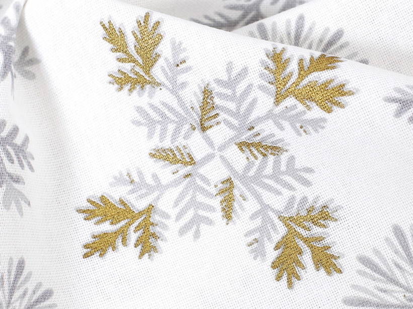 Mocna tkanina bawełniana świąteczna 220 g/m2 - szare płatki śniegu ze złotym brokatem na białym