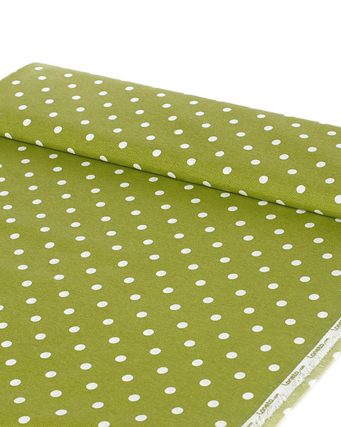 Tkanina dekoracyjna Loneta - białe kropki na oliwkowym zielonym