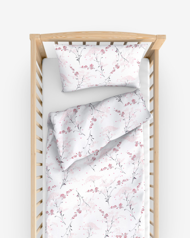 Pościel bawełniana do łóżeczka - kwiaty japońskie na białym