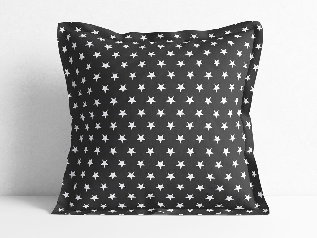 Poszewka na poduszkę z ozdobną kantą bawełniana - białe gwiazdki na czarnym