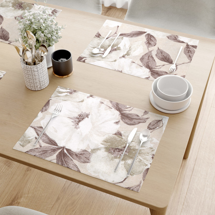 Podkładka na stół Loneta - białe i brązowe kwiaty z liśćmi - 2szt.