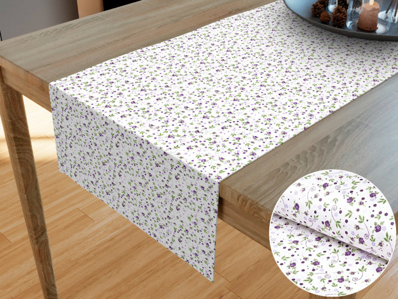 Bieżnik na stół bawełniany - fioletowe rozety na białym