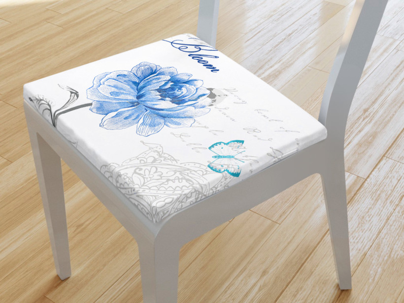 Kwadratowa poduszka na krzesło 38x38 cm - niebieskie piwonie z tekstami