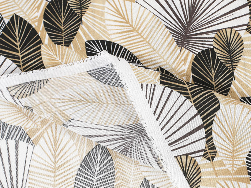 Tkanina dekoracyjna Loneta - czarne, białe i złote liście