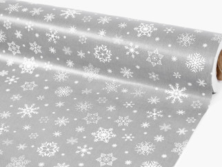 Cerata na stół na metry - świąteczny wzór śnieżynek na szarym - szer. 140 cm