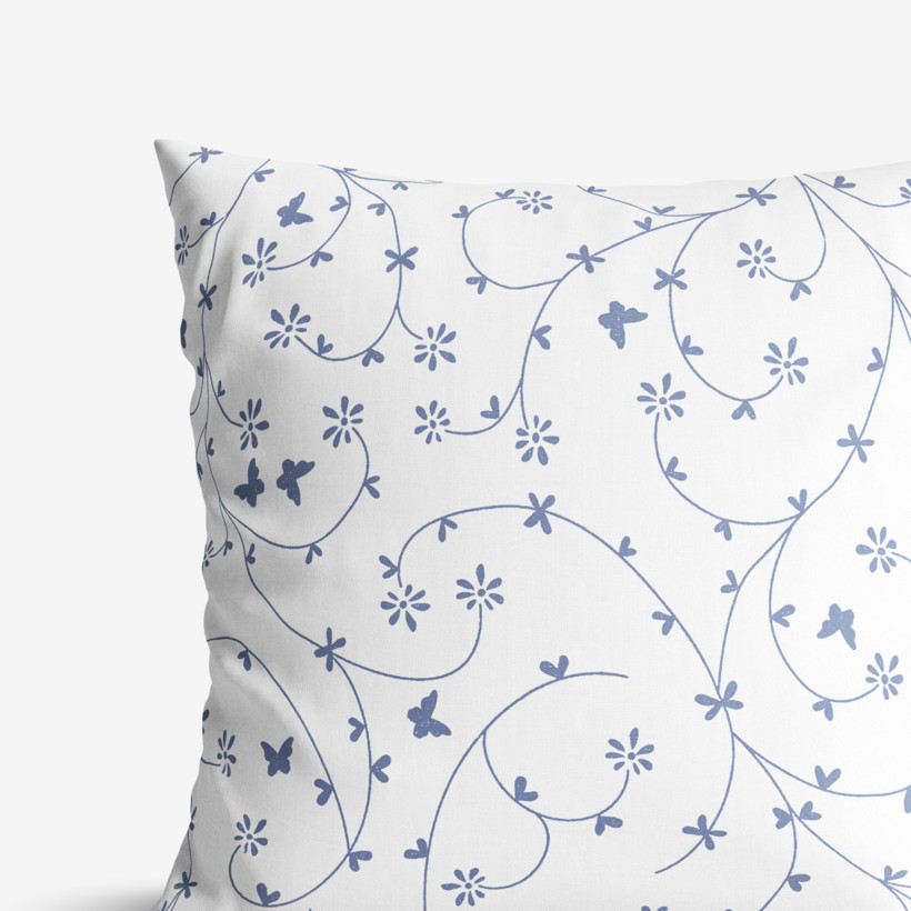 Poszewka na poduszkę bawełniana - niebieskoszare kwiatki i motyle na białym